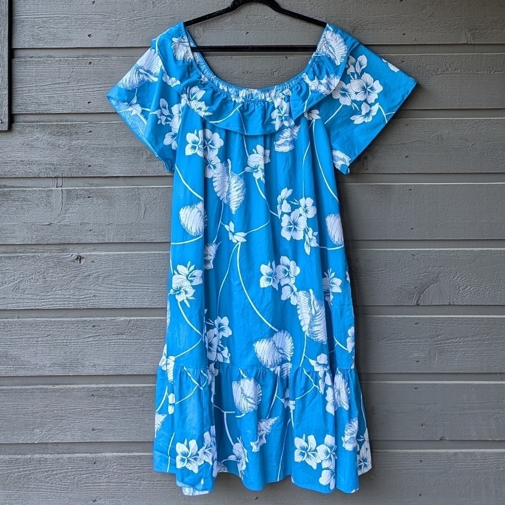 Vintage Hilo Hattie Floral Tiki Tropical Dress 3XL Blue White Seashells Hawaiian